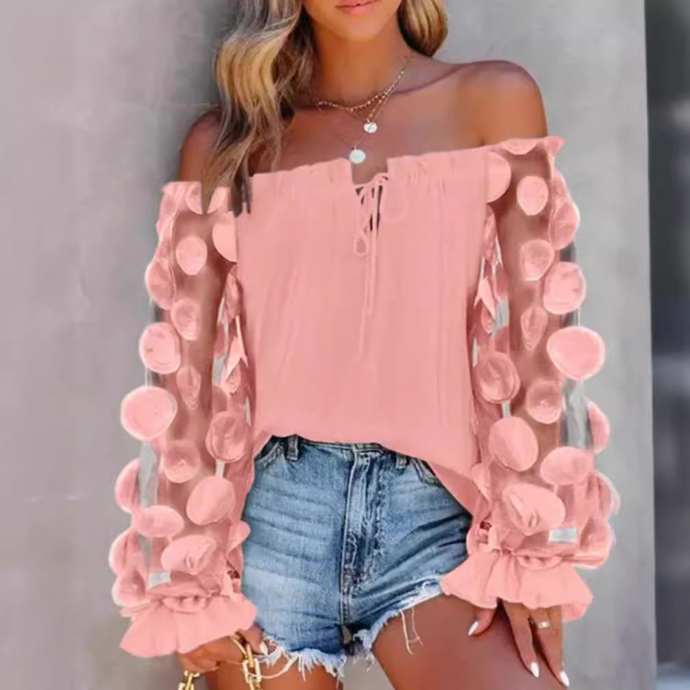 Women's Off-Shoulder 3D Floral Top Long Sleeve Pink