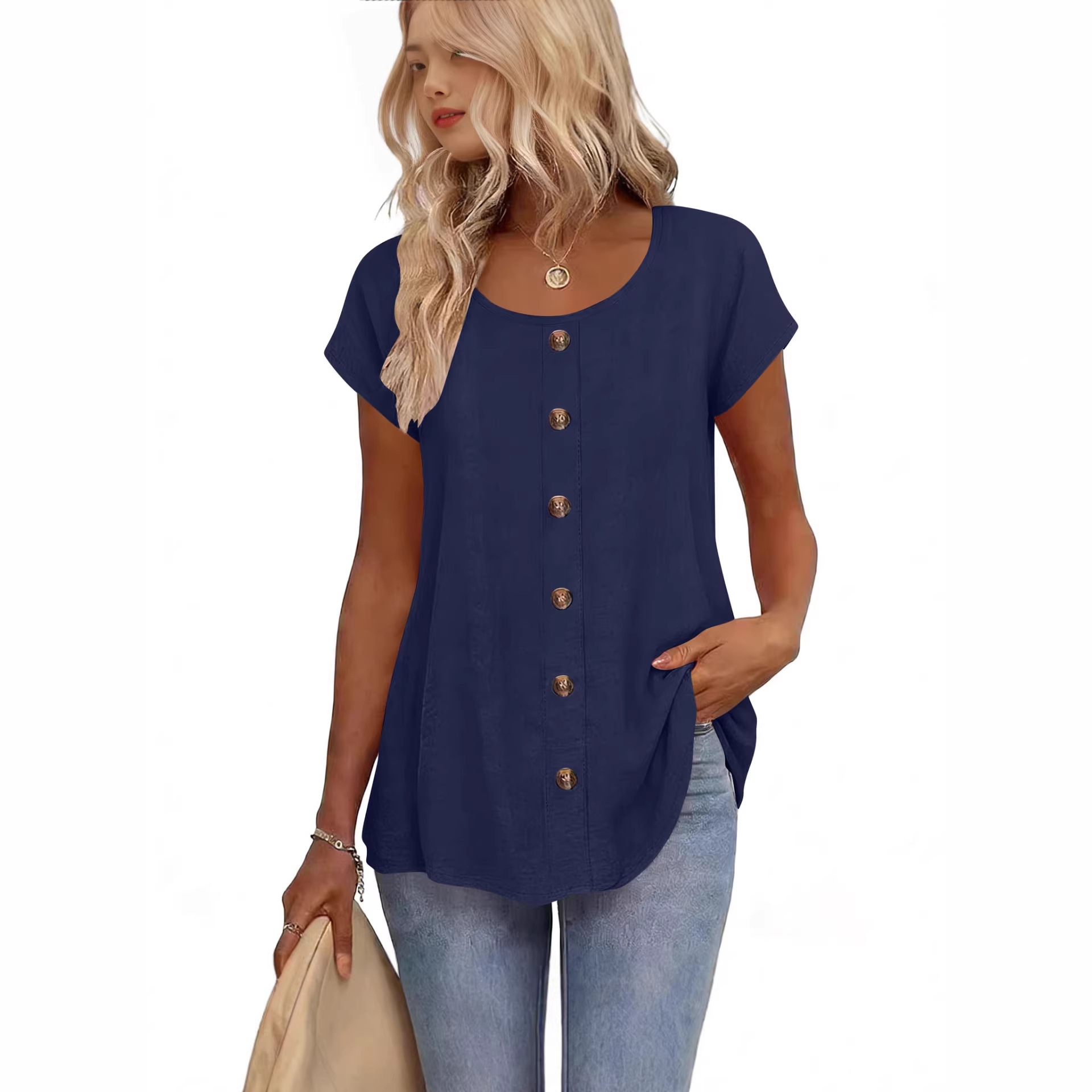 Elegant Button-Trim Solid Short-Sleeve Crewneck T-Shirt
