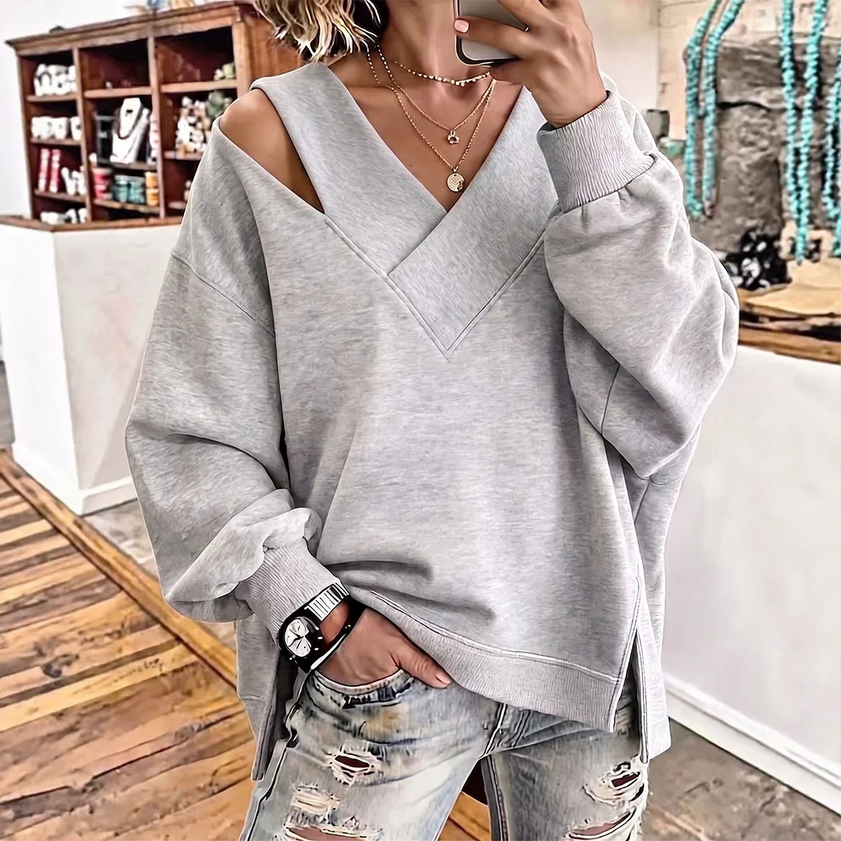 Women's Solid V-Neck Long-Sleeve Loose T-Shirt Sweatshirt