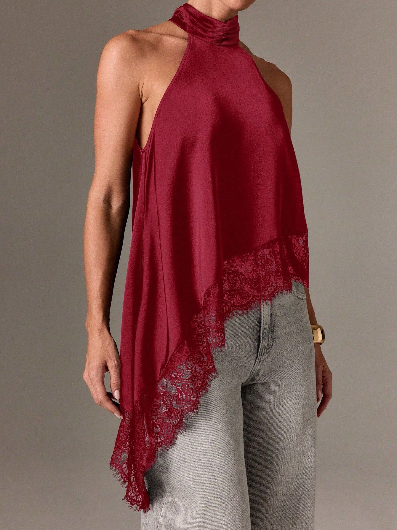 Sexy Halter Lace Top with Asymmetrical Hem and Open Back