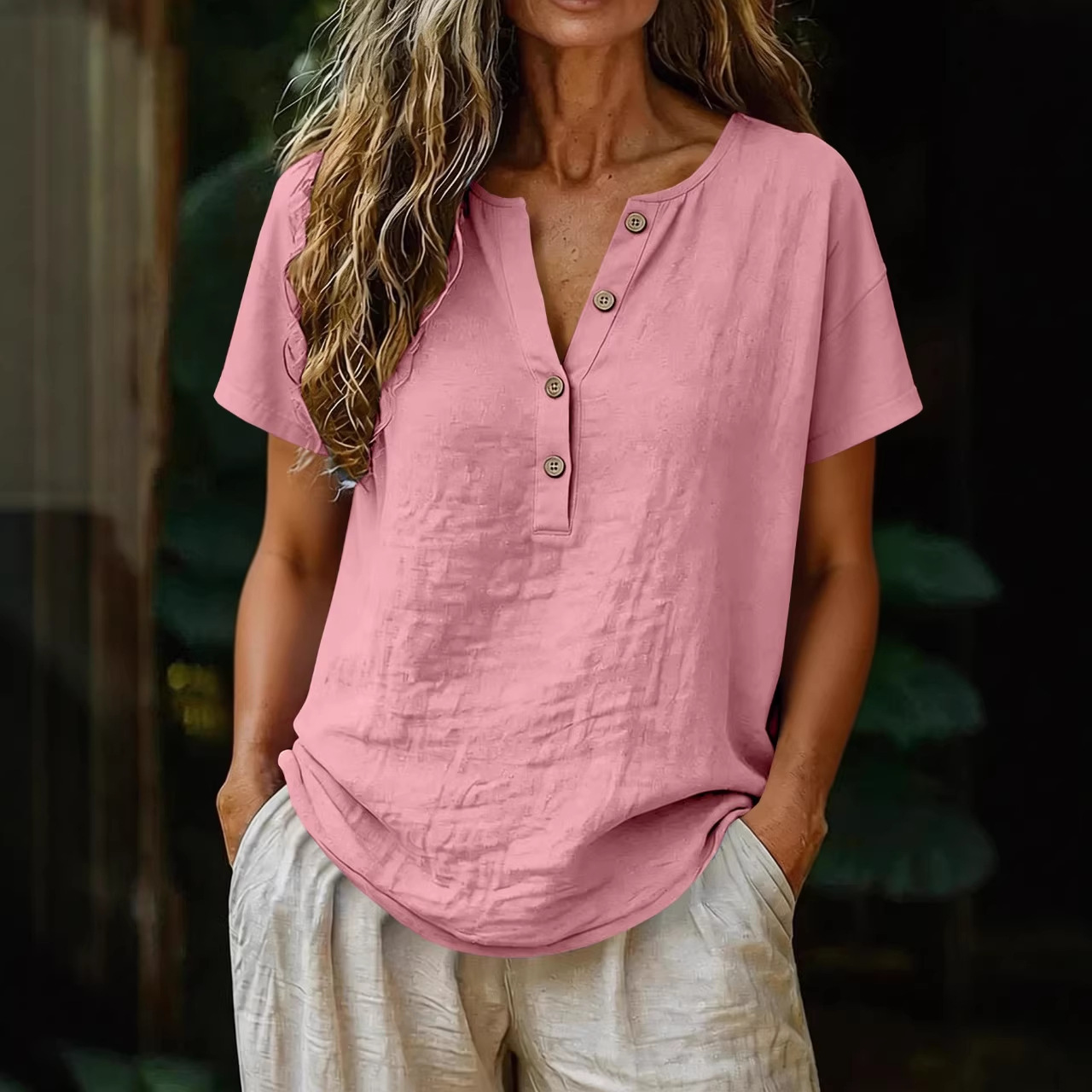 Women's Casual Cotton-Linen Short-Sleeve Half-Placket V-Neck Button Top