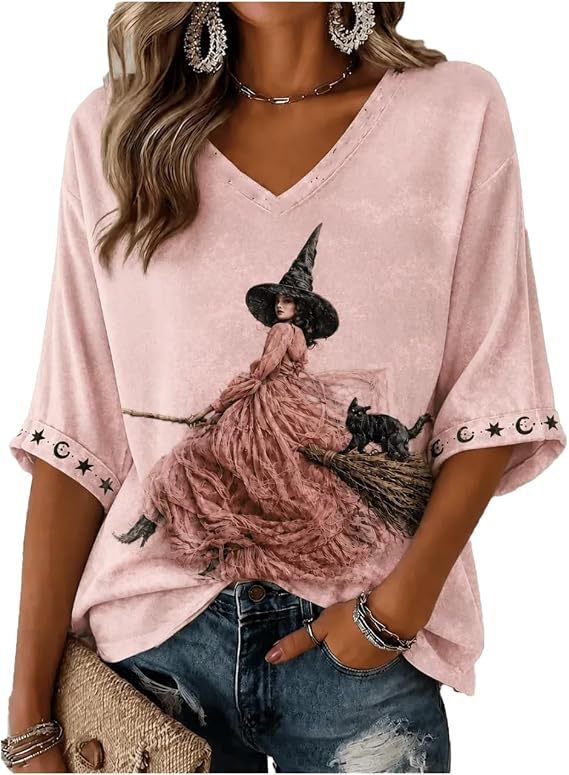 Halloween Witch Print V-Neck Half-Sleeve Women's T-Shirt