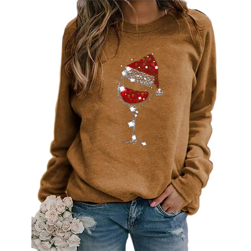 Christmas Wine Glass Print Long Sleeve Crewneck T-Shirt for Women