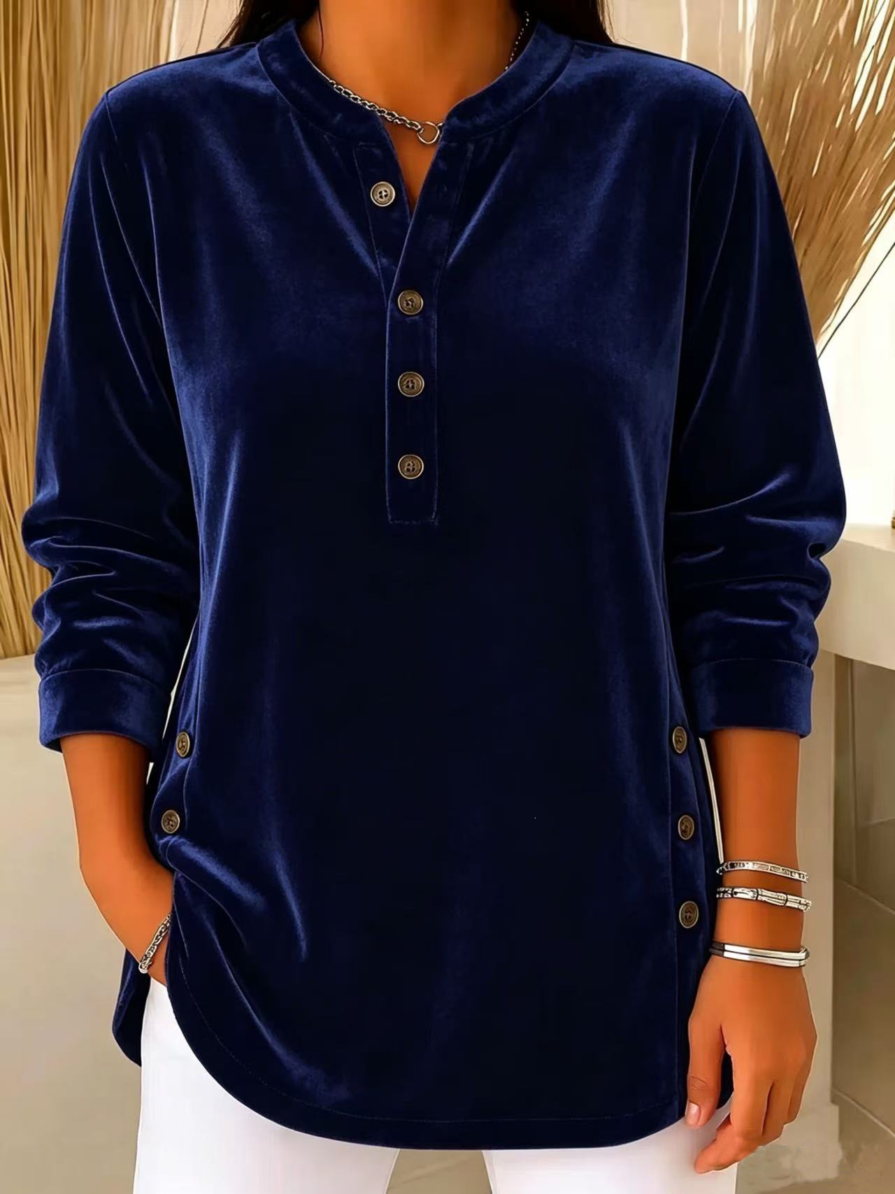 Women's Velvet V-Neck Button Long-Sleeve Loose Fit T-Shirt