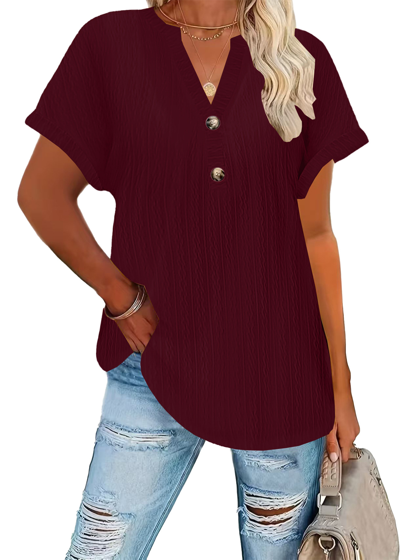 Women's Casual Solid Button V-Neck Short Sleeve T-Shirt