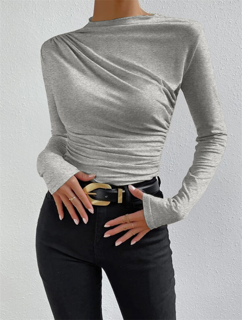 Women's Solid Color Slim Fit Ruched Long Sleeve T-Shirt
