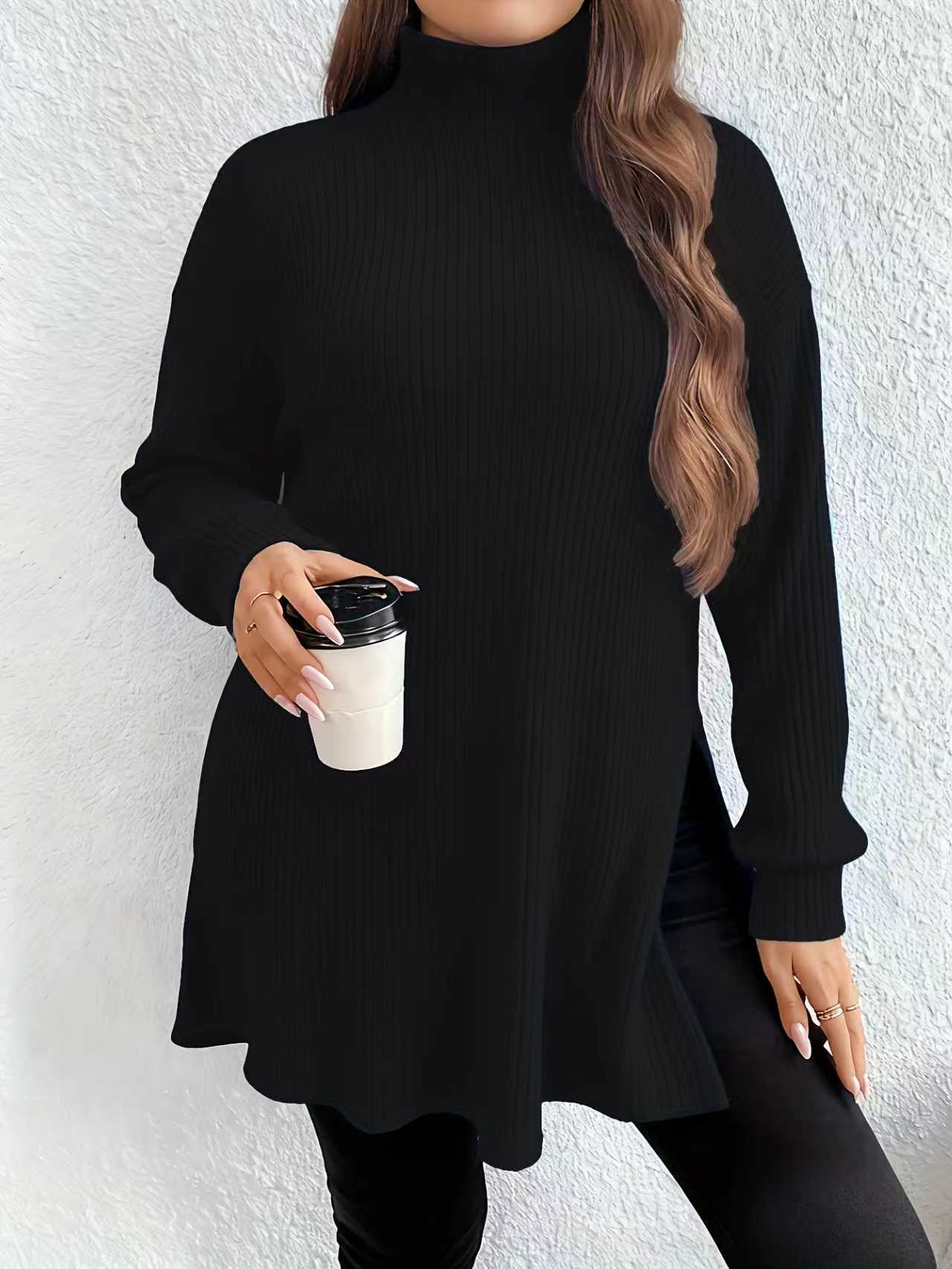 Irregular Split High Neck Plus Size Sweater Top