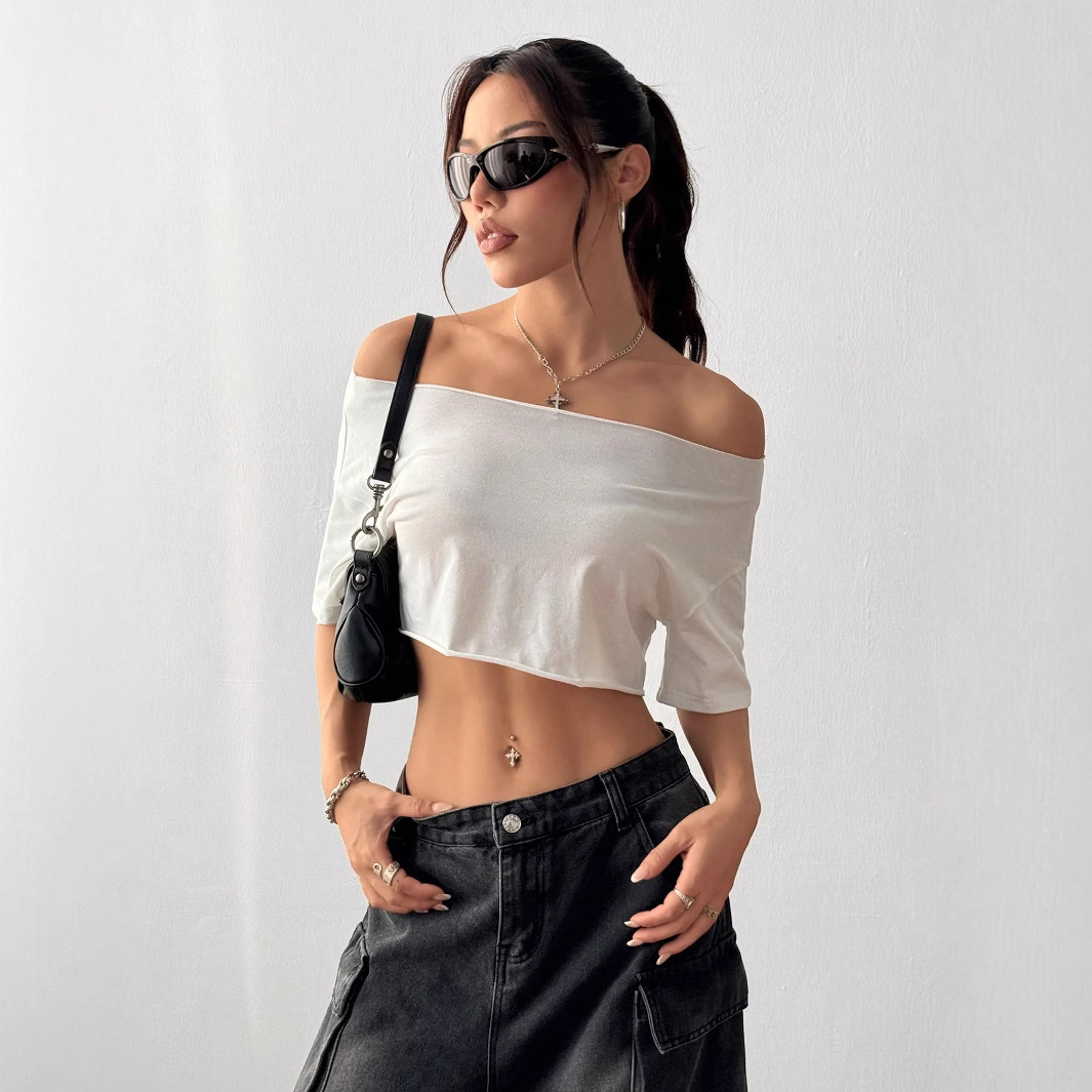 Women's Off-Shoulder Crop Top Short Sleeve Slimming Solid Color