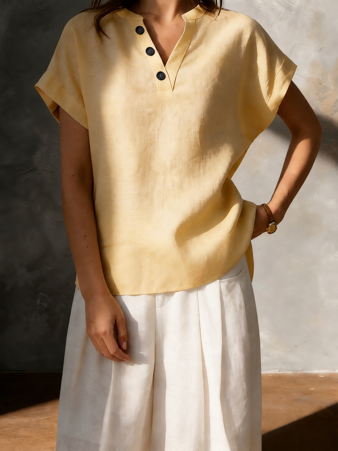 2026 New Cross-Border Women's Fashion Foreign Trade European and American Cotton-Linen High-End Feel Women's V-Neck Button Short-Sleeve Solid Color Shirt