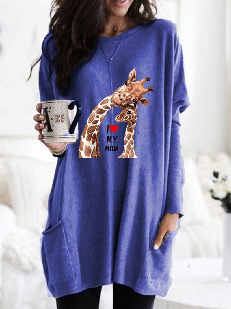 Women's Giraffe Print Long Sleeve Crew Neck Loose T-Shirt