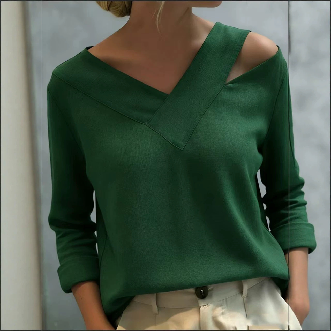 Elegant Off-Shoulder V-Neck Long-Sleeve Solid Top