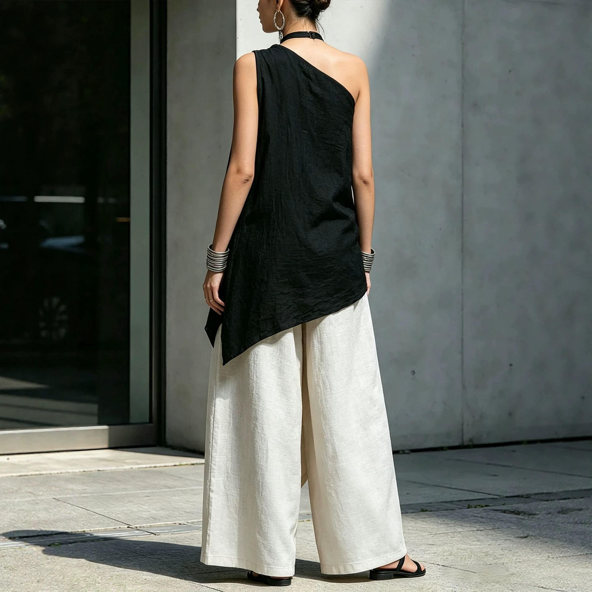 Asymmetric One-Shoulder Cotton-Linen Top Women's Loose Casual T-Shirt