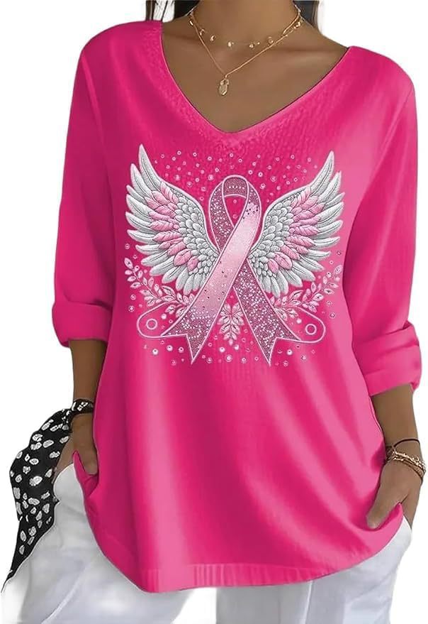 Wing Ribbon Print V-Neck Half-Sleeve T-Shirt