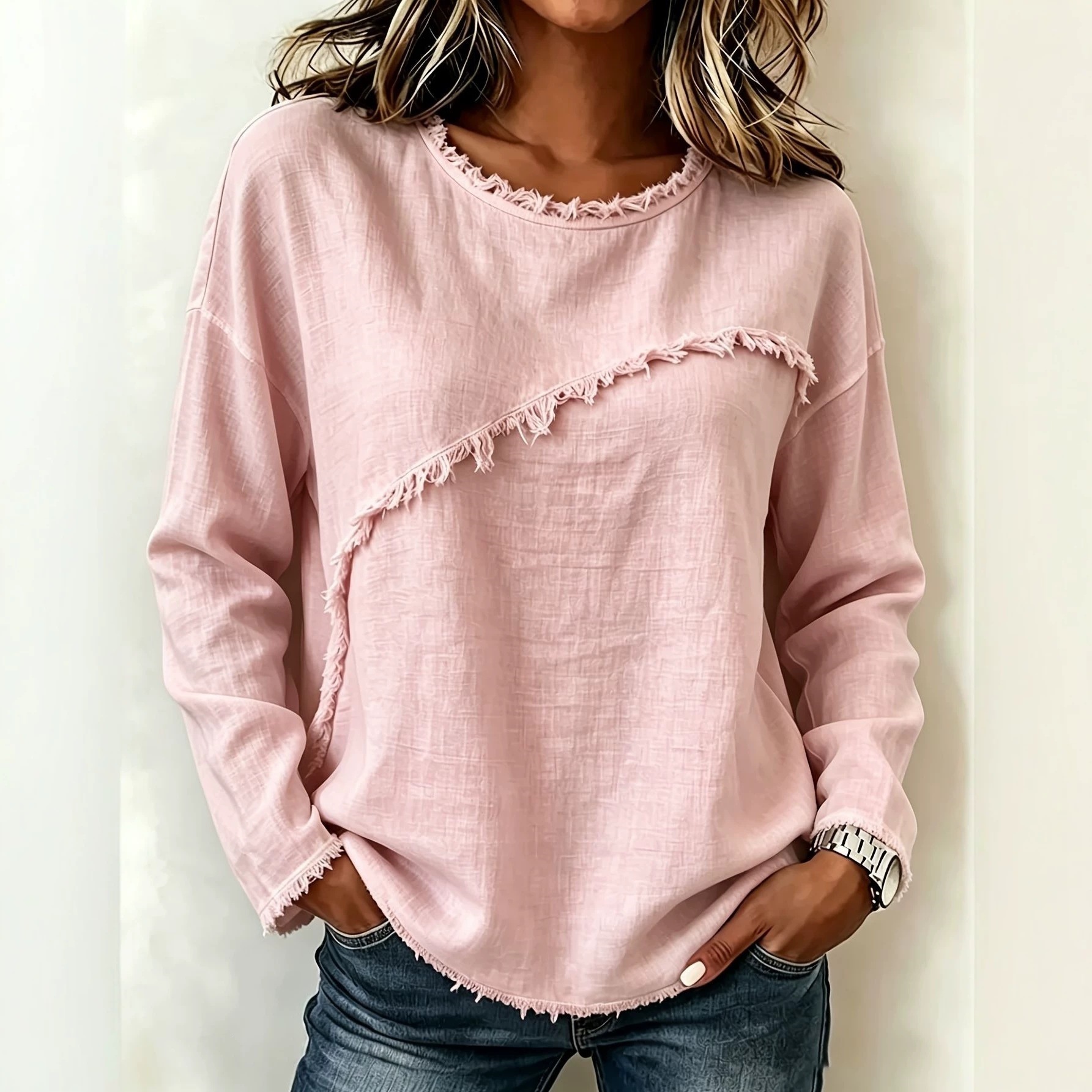 Women's Round Neck Faux Fur Trim Long Sleeve T-Shirt Solid Color Top