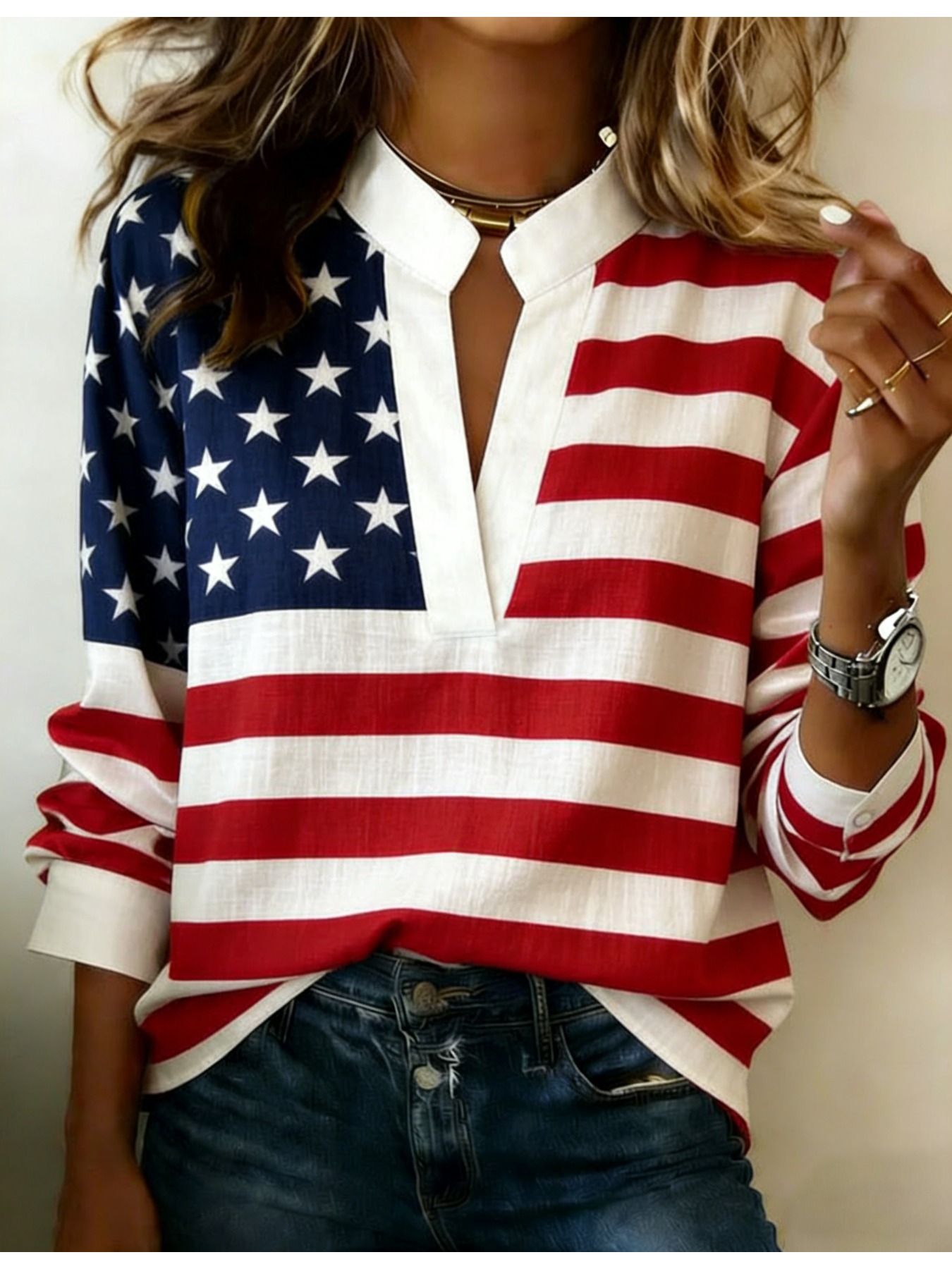 American Flag Print V-Neck Long-Sleeve T-Shirt