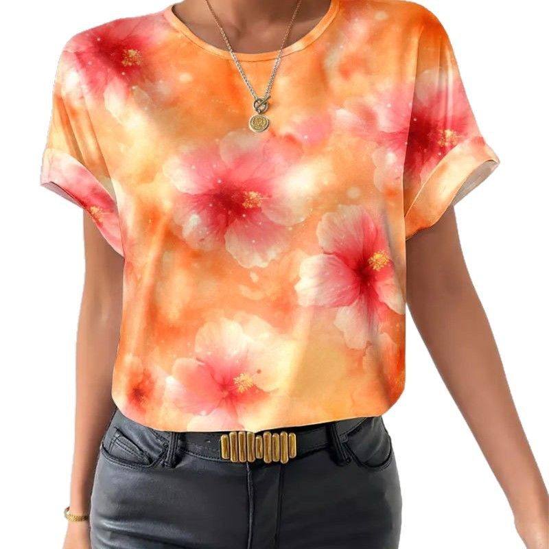 Tie-Dye Floral Crewneck Short-Sleeve Pullover Top