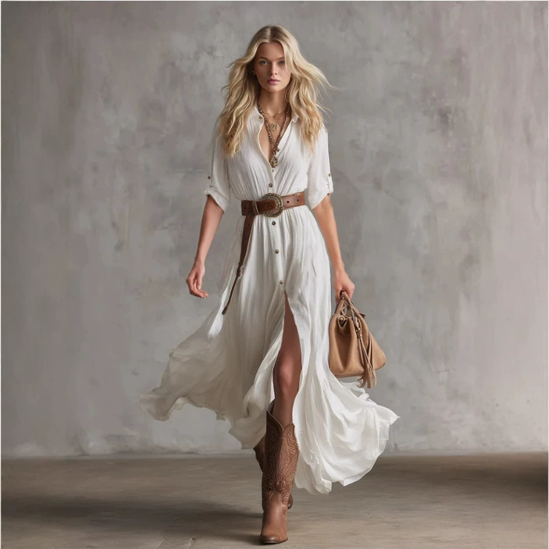 Elegant Solid Color Long Shirt Dress with Slit
