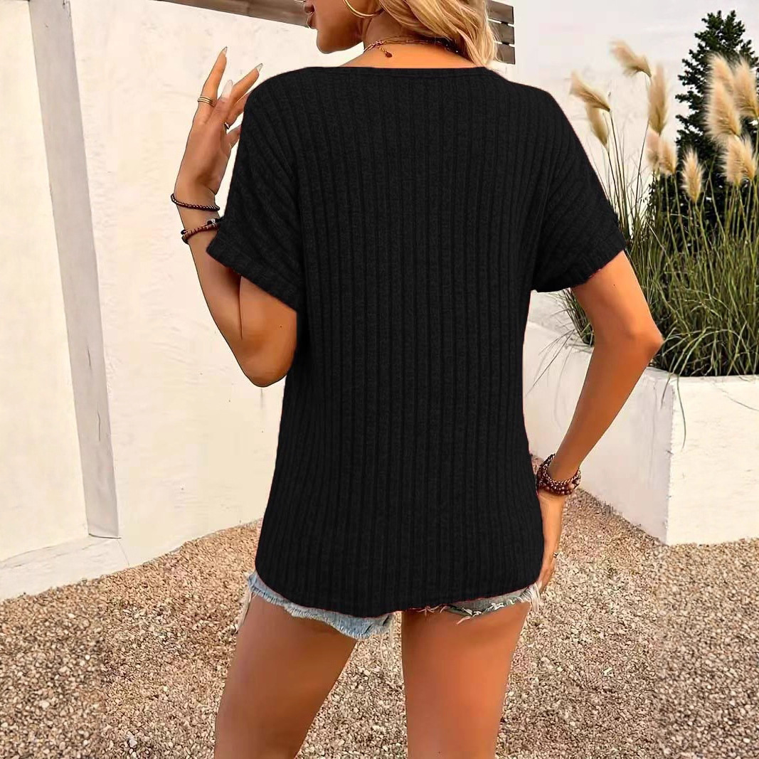 Elegant V-Neck Button Short-Sleeve T-Shirt