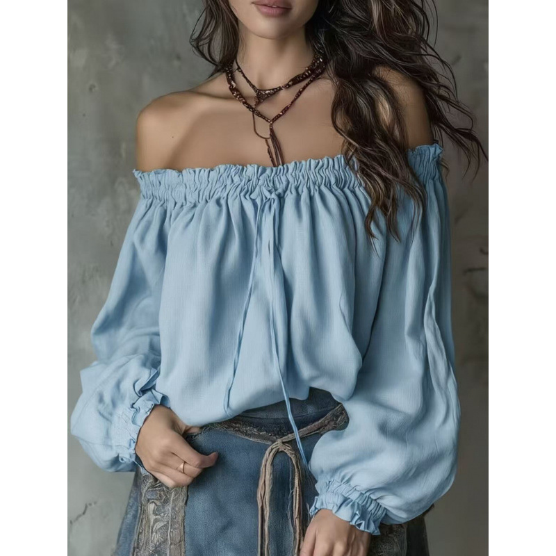 Off-Shoulder Chiffon Blouse with Puff Sleeves and Drawstring Neckline
