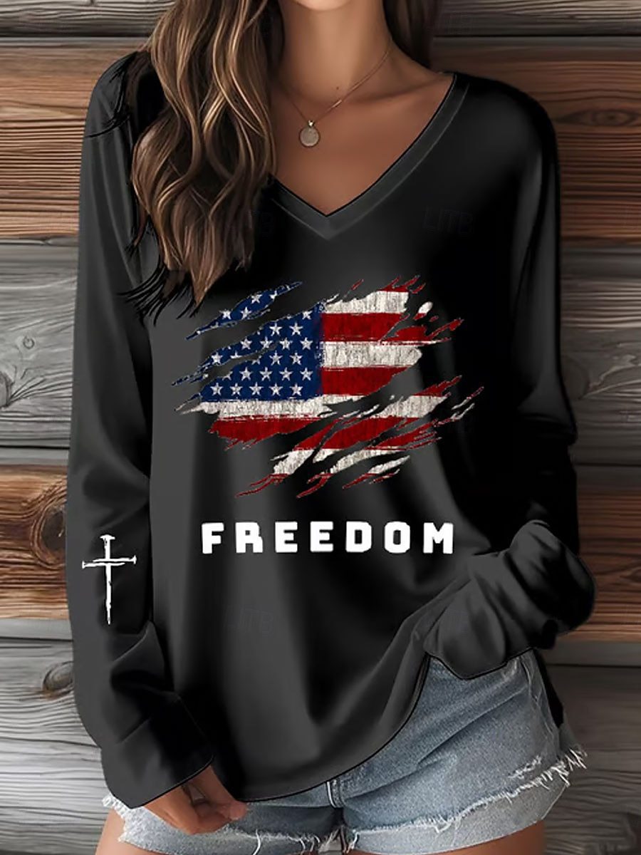 Cross Flag Freedom Print V-Neck Short Sleeve Women's T-Shirt
