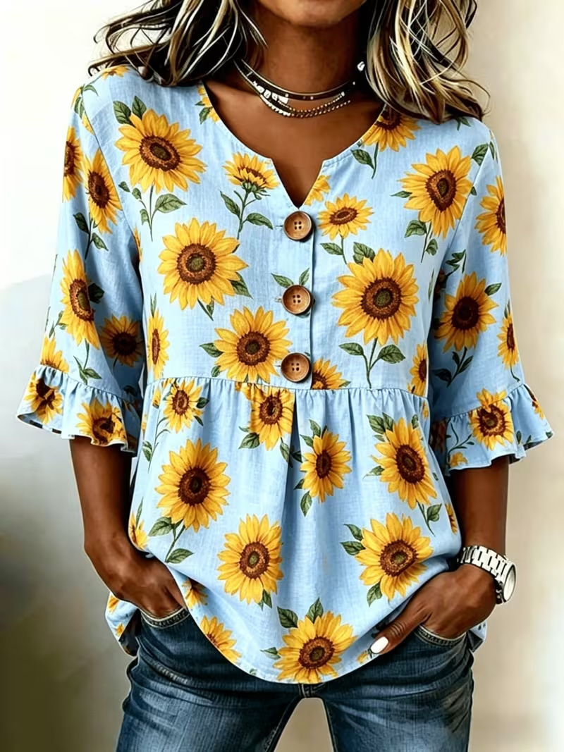 Floral Print Half-Sleeve Button-Up Top