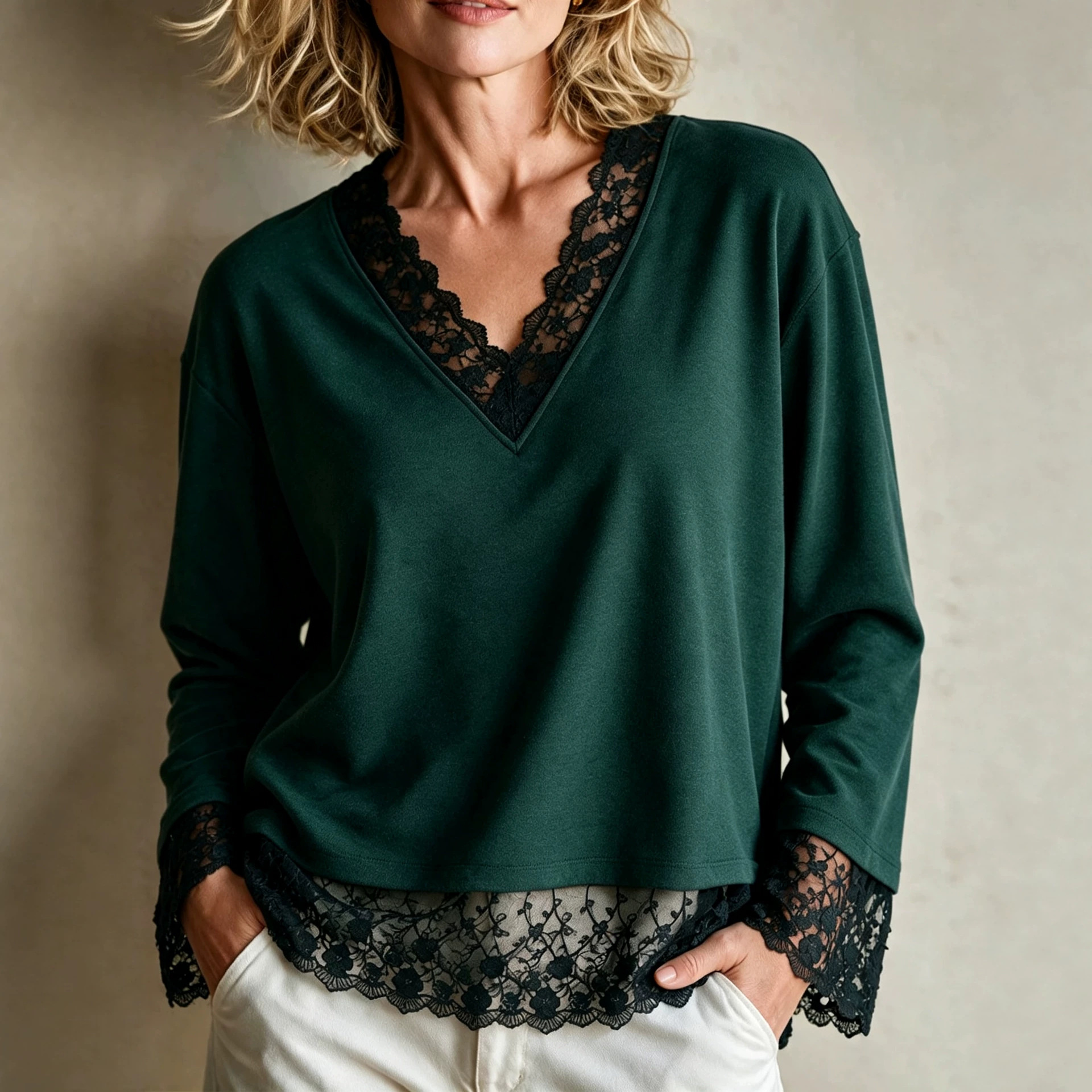 Women's Lace Spliced V-Neck Long-Sleeve Top
