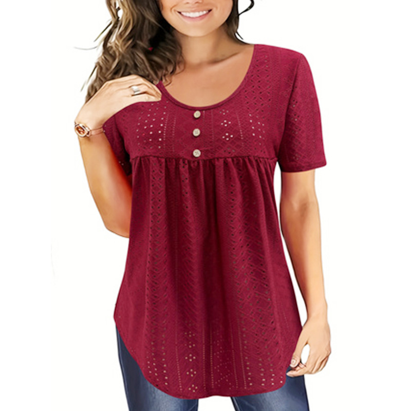 Women's Round Neck Short Sleeve Pleated Front Loose Solid Color T-Shirt