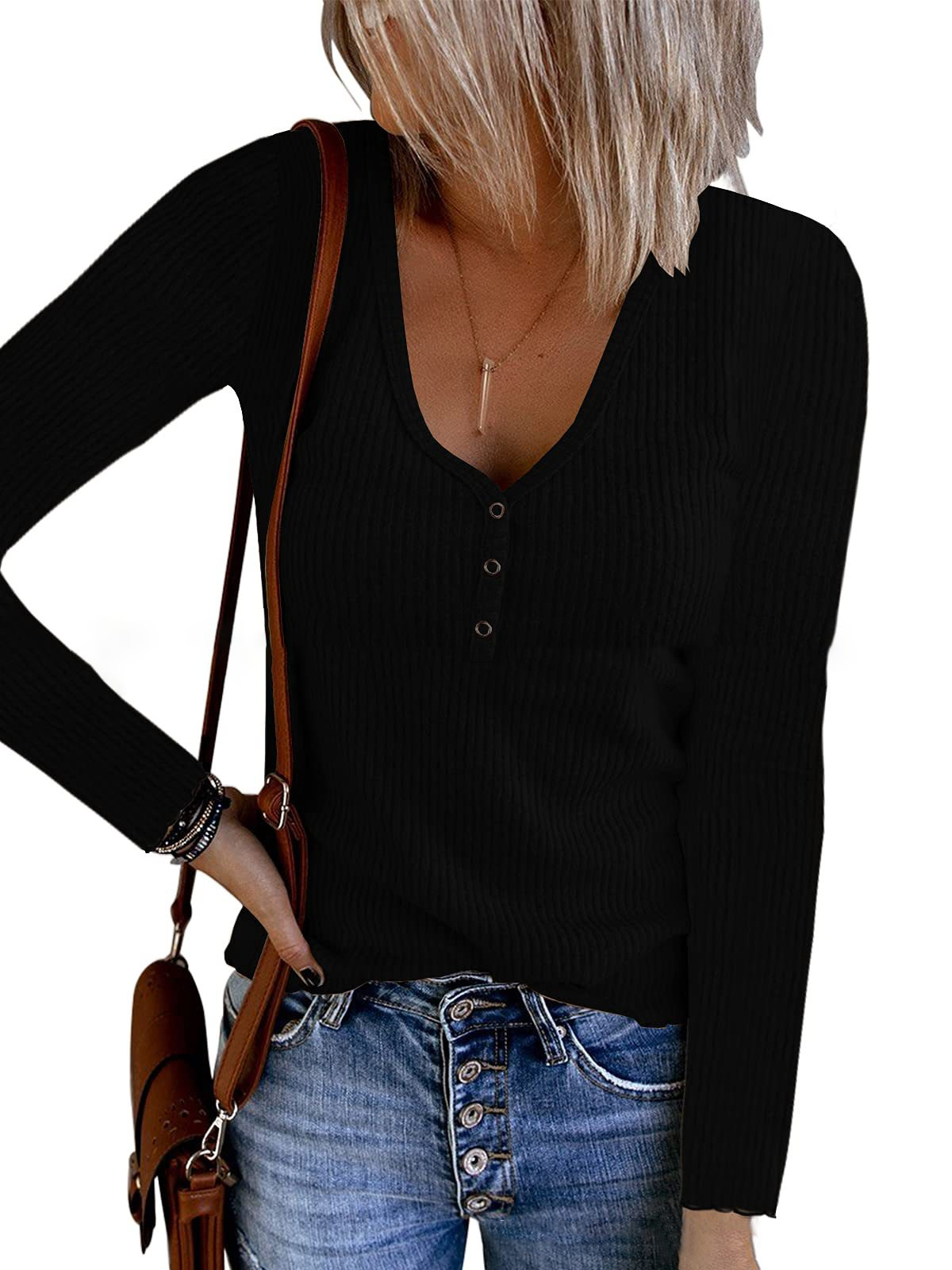Women's V-Neck Button Long-Sleeve Solid Color T-Shirt