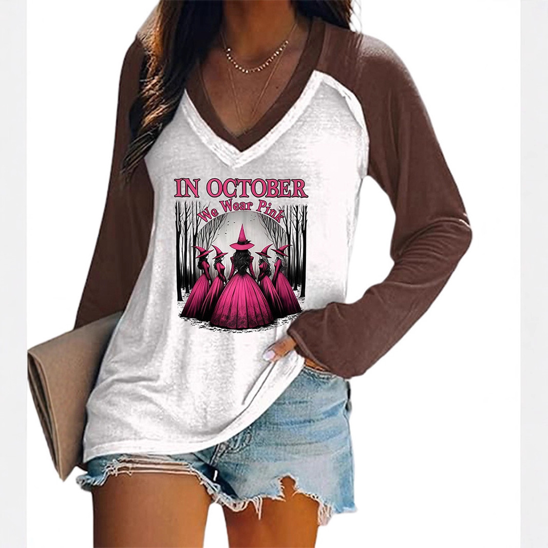 Women's Halloween Witch Hat Print V-Neck Long Sleeve T-Shirt