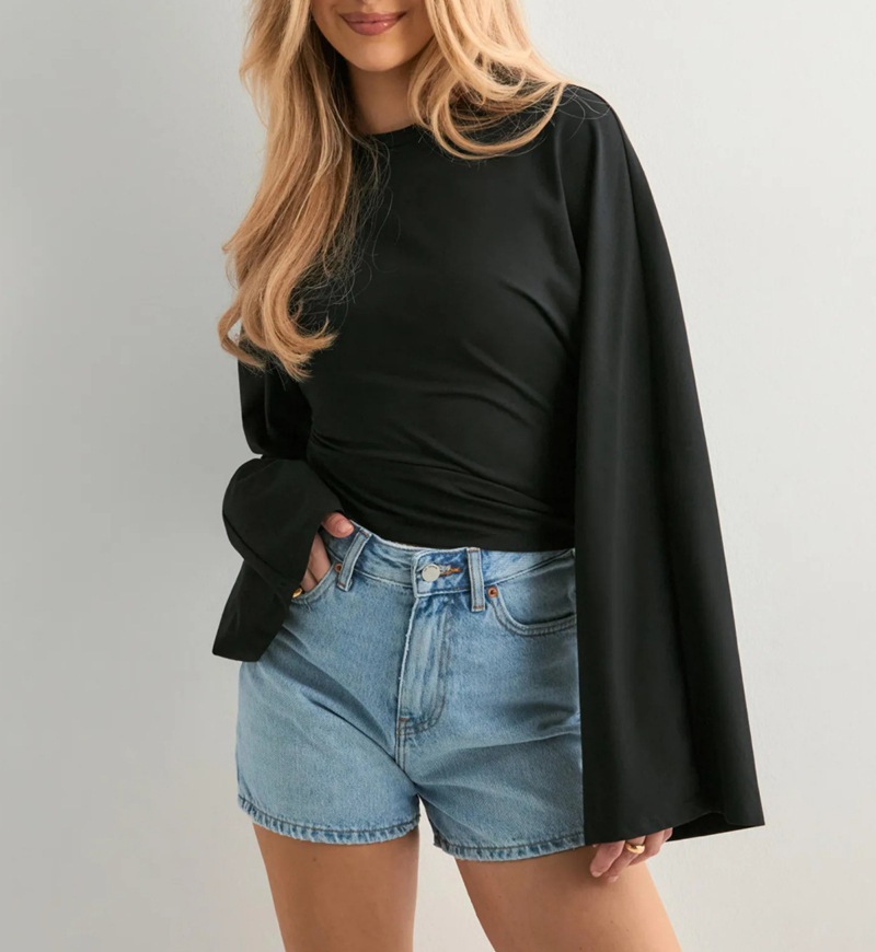 Women's Solid Crewneck Long Sleeve Waist-Cinched Casual Top