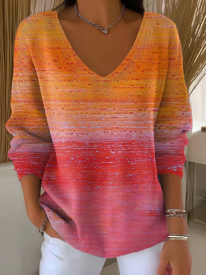 Colorful Leaf Striped V-Neck Long-Sleeve T-Shirt for Women