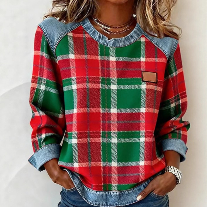 Plaid Patchwork Denim Crewneck Loose Women's Sweatshirt