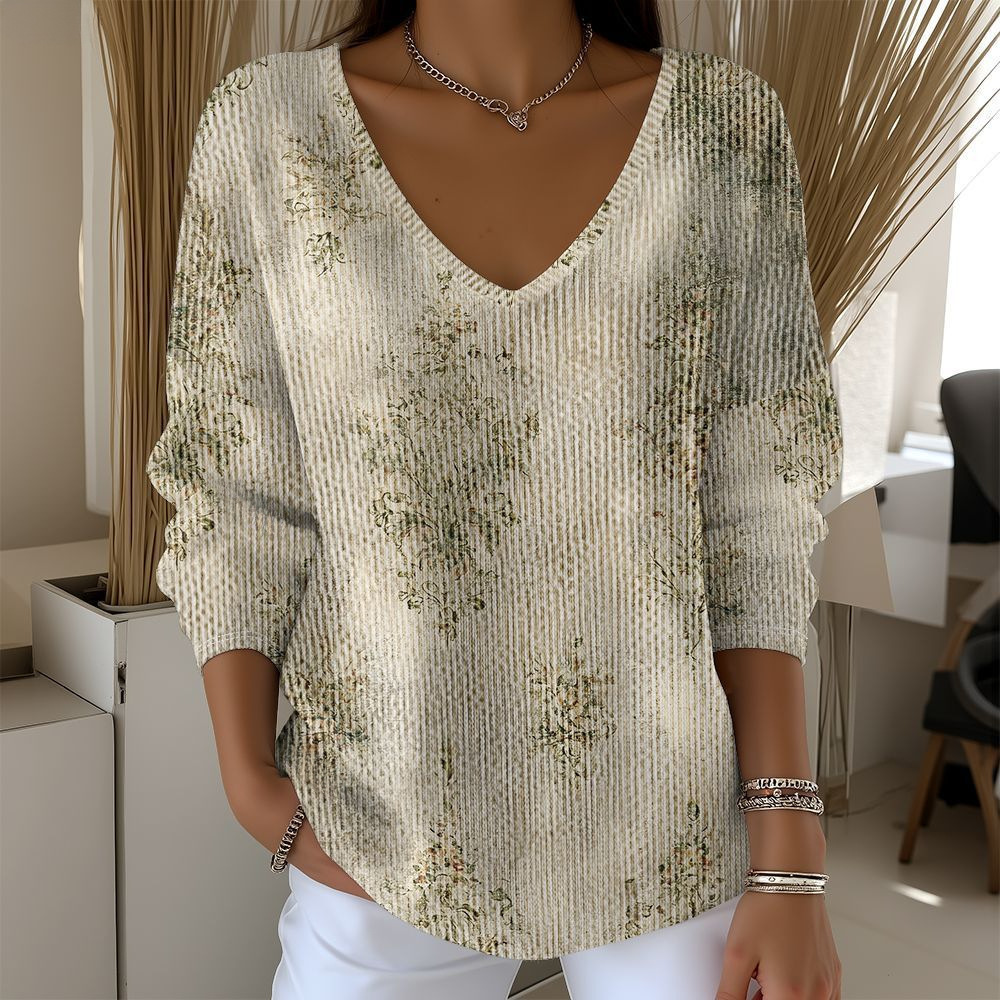 Women's V-Neck Long Sleeve T-Shirt with Animal & Plant Digital Print