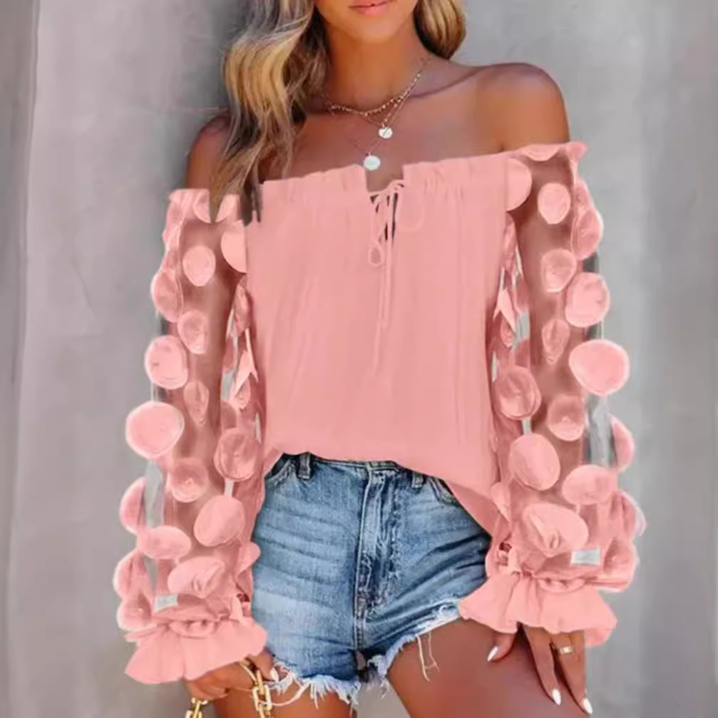 Women's Off-Shoulder 3D Floral Top Long Sleeve Pink