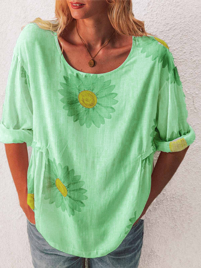 Women's Floral Print Cotton-Linen Blend T-Shirt