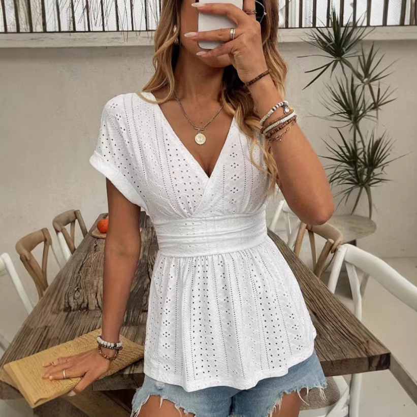 Elegant V-Neck Pleated Hem Short Sleeve Top