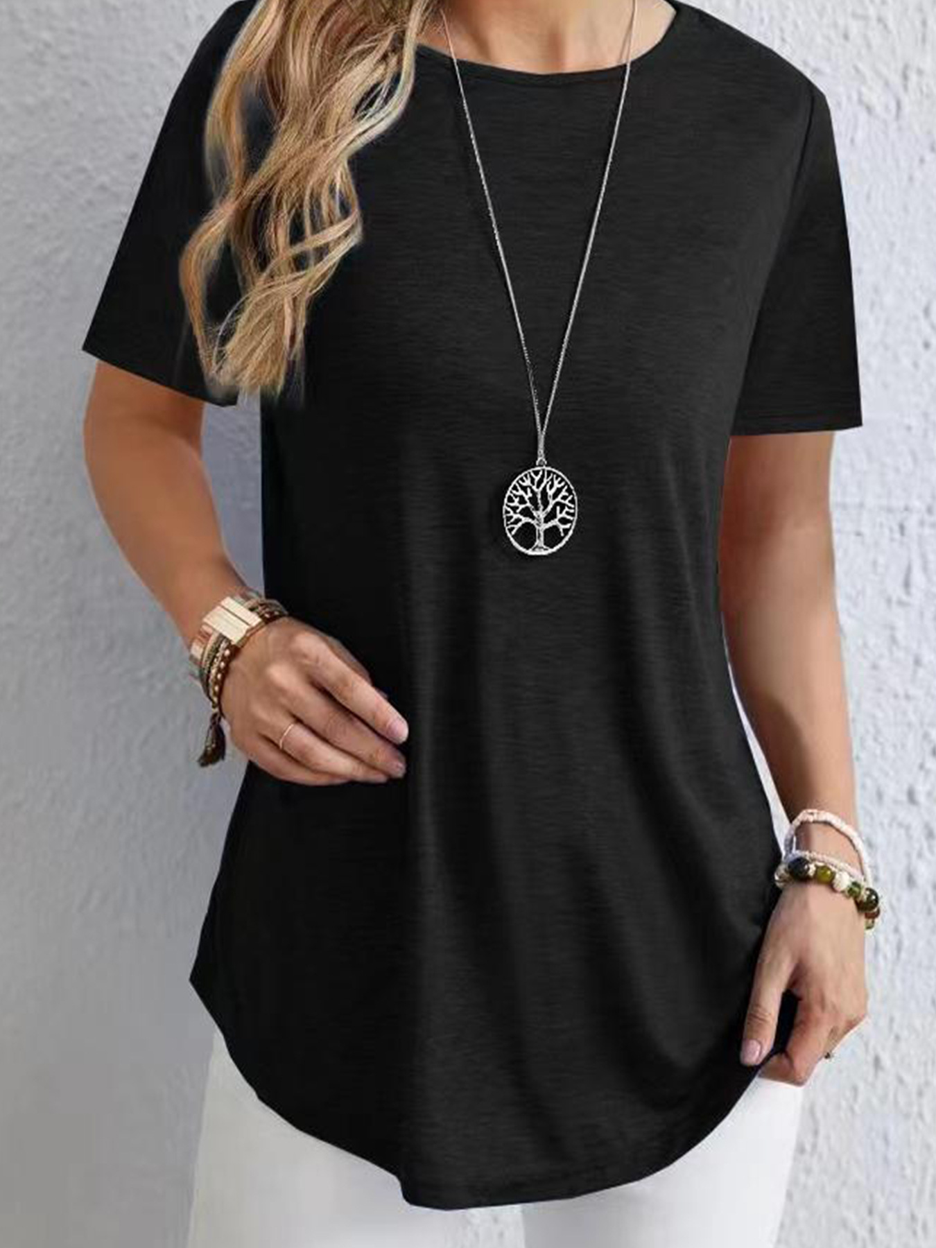 Women's Curved Hem Button Short Sleeve Top