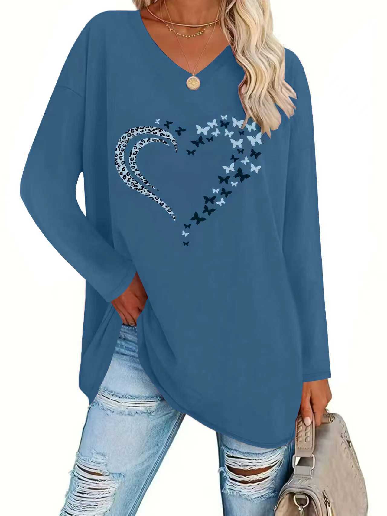 Women's Leopard Heart Butterfly Print Loose V-Neck Long Sleeve Top