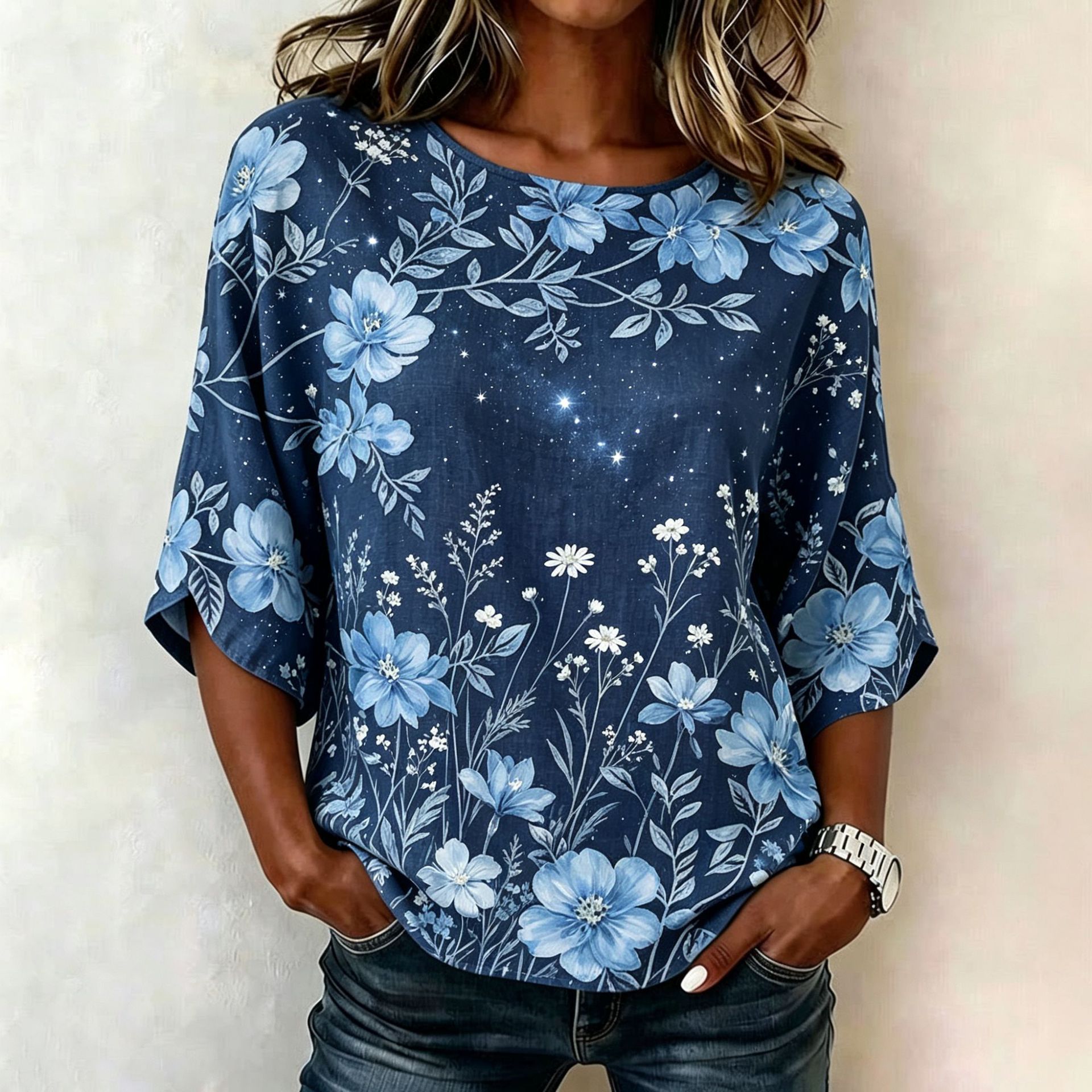 Floral Plaid Print Mid-Sleeve Women's Top