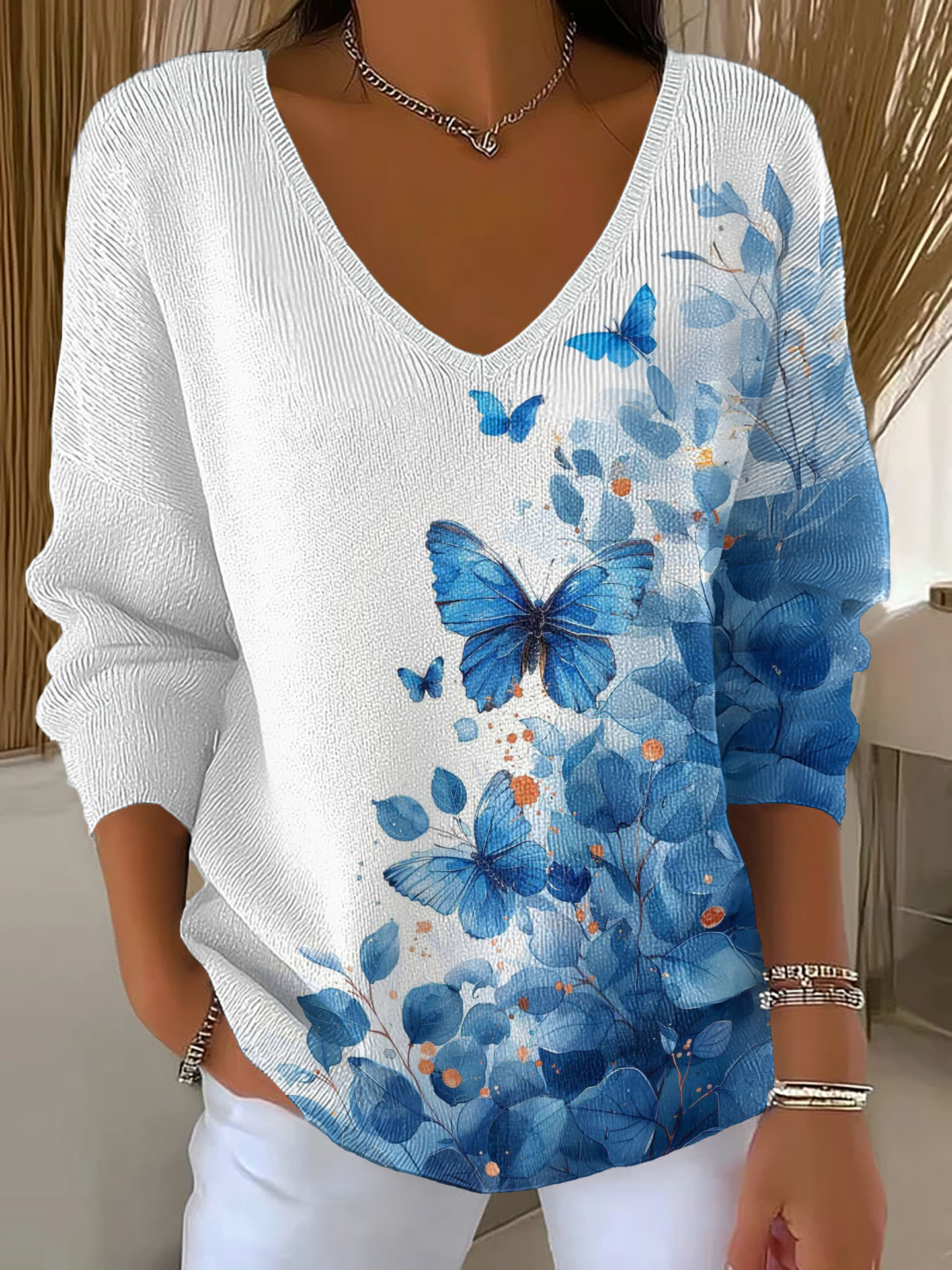 Women's Floral Star Print V-Neck Long-Sleeve T-Shirt