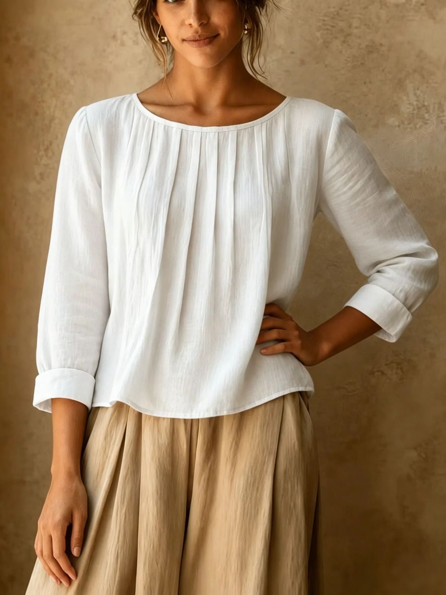 2026 New Cross-Border Summer Women's Cotton-Linen Top Loose Slimming Pleated Round Neck Eight-Sleeve Shirt Solid Color Casual