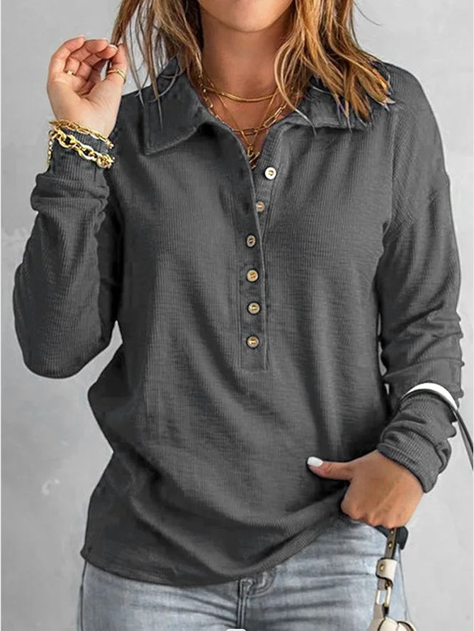 Women's Solid Ribbed Knit Single-Breasted Lapel Long-Sleeve Loose Casual Top