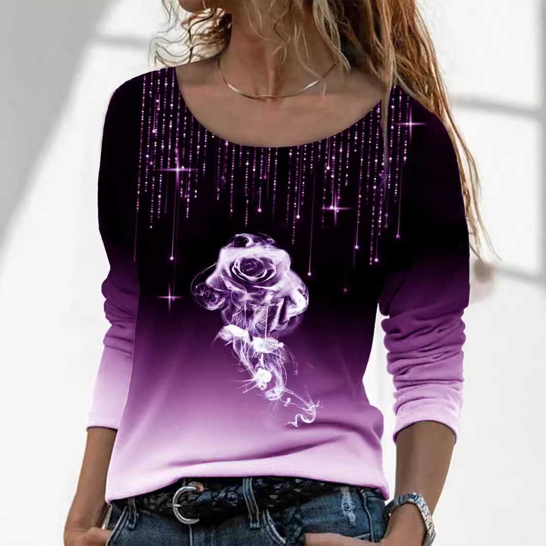 Women's Long Sleeve Loose Crewneck Rose Print T-Shirt