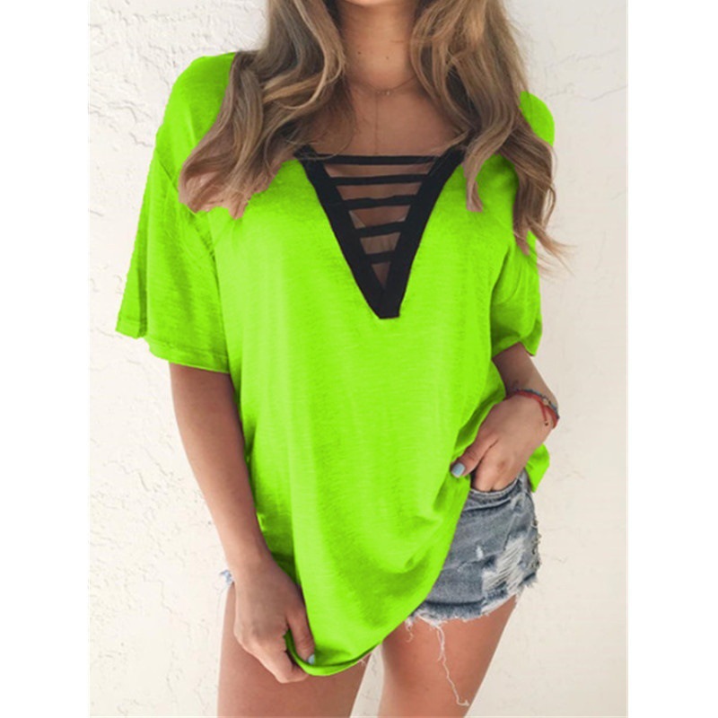 Women's V-Neck Short Sleeve T-Shirt Summer Plus Size Solid Color Top