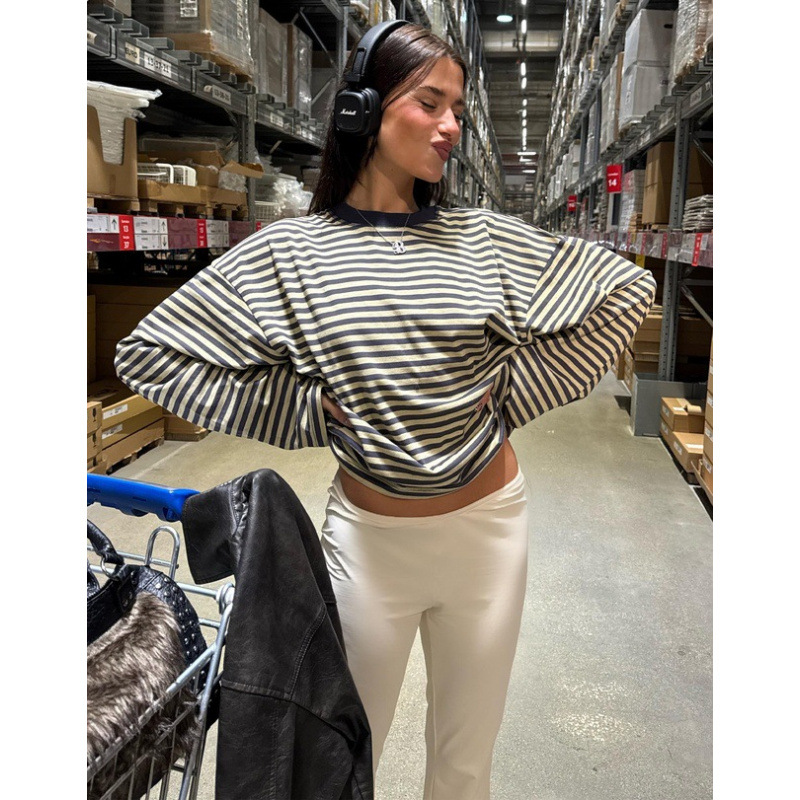 Korean Lazy Style Loose Crewneck Long Sleeve Striped T-Shirt