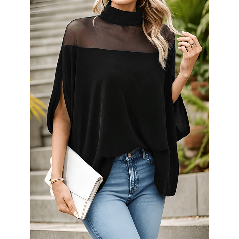 Women's Sheer Mesh Off-Shoulder High-Neck Top with Batwing Sleeves