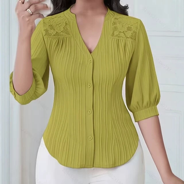 Lace-Trimmed V-Neck Mid-Sleeve Blouse with Pleated Button Front and Curved Hem
