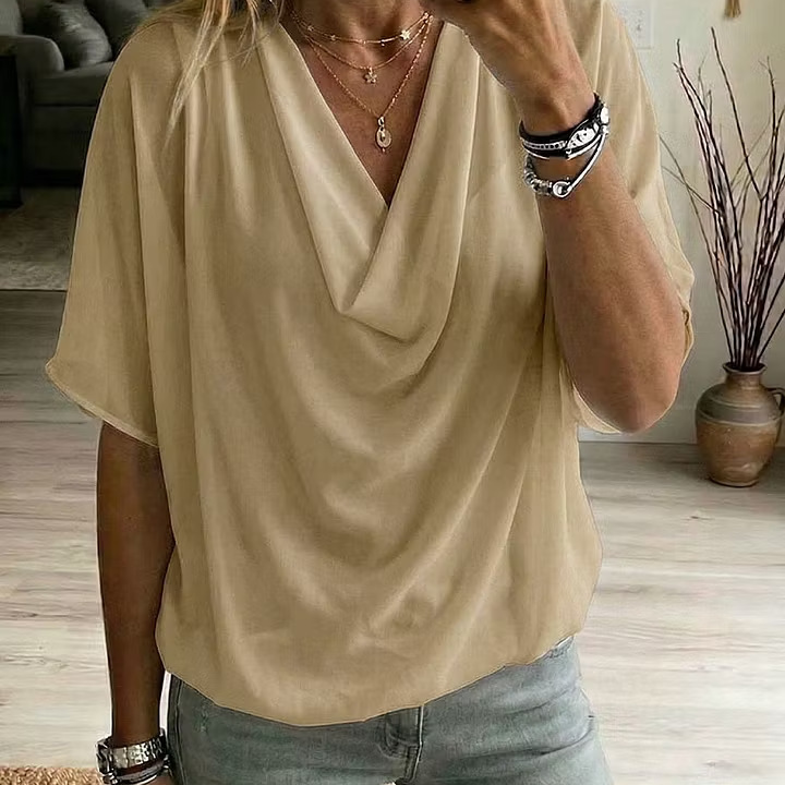 Women's Draped Cowl Neck Batwing Sleeve Solid Top