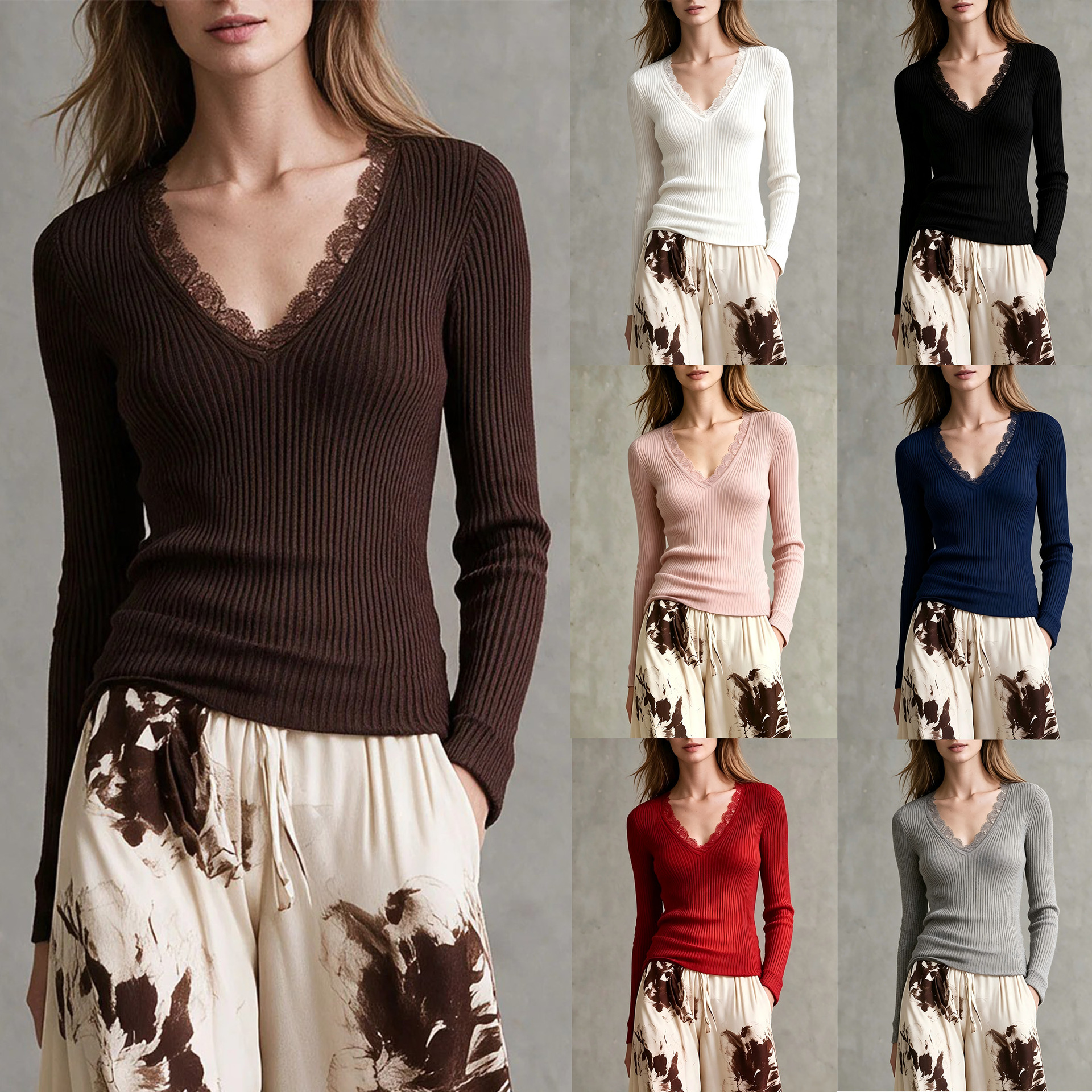 Women's French Lace Panel V-Neck Stretch Slim Fit Top