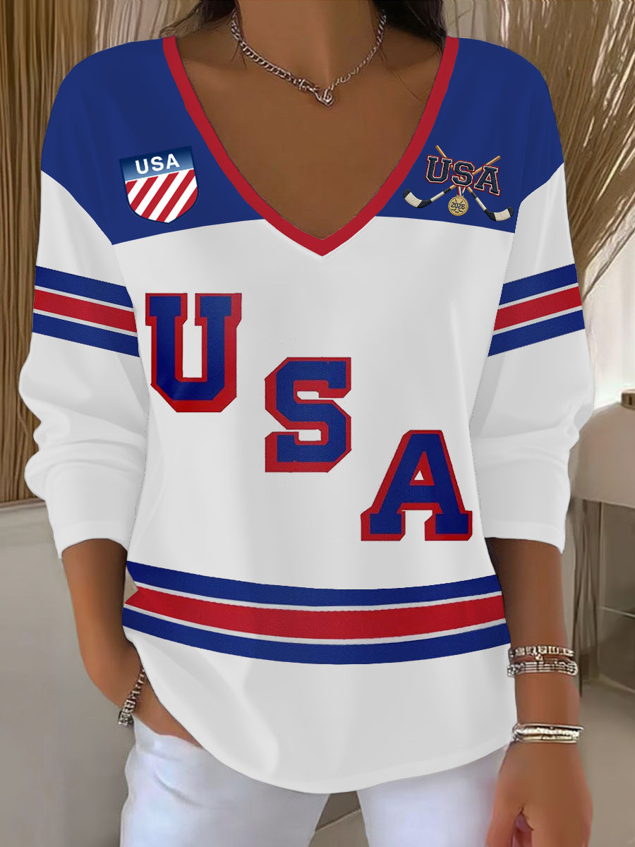 Women's V-Neck Long Sleeve Ice Hockey Graphic T-Shirt